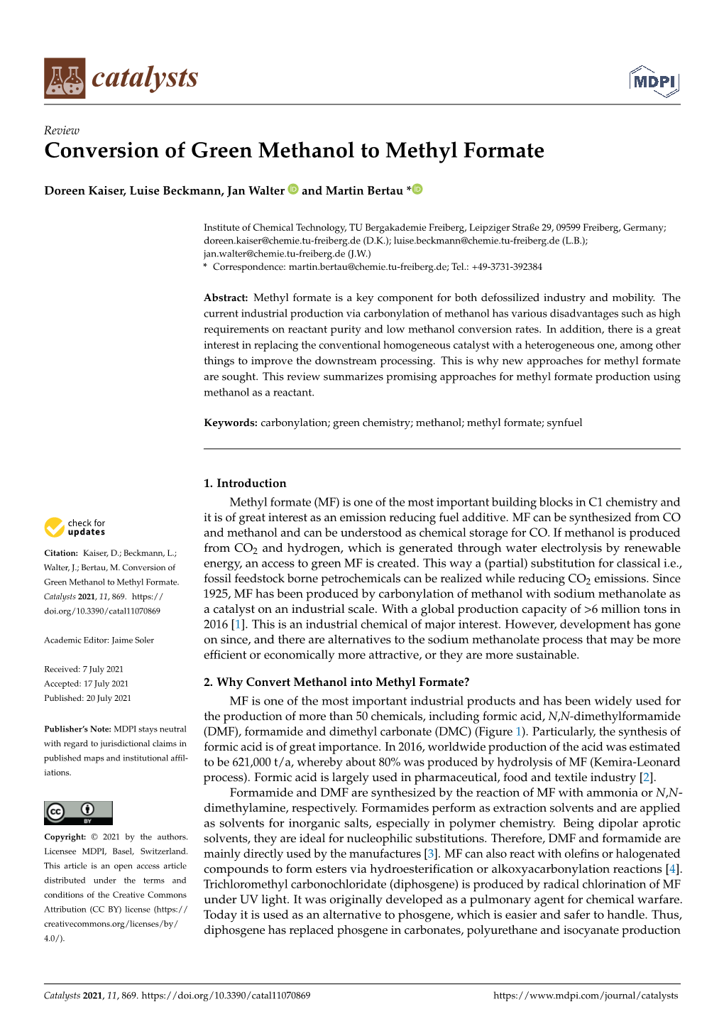 Conversion of Green Methanol to Methyl Formate