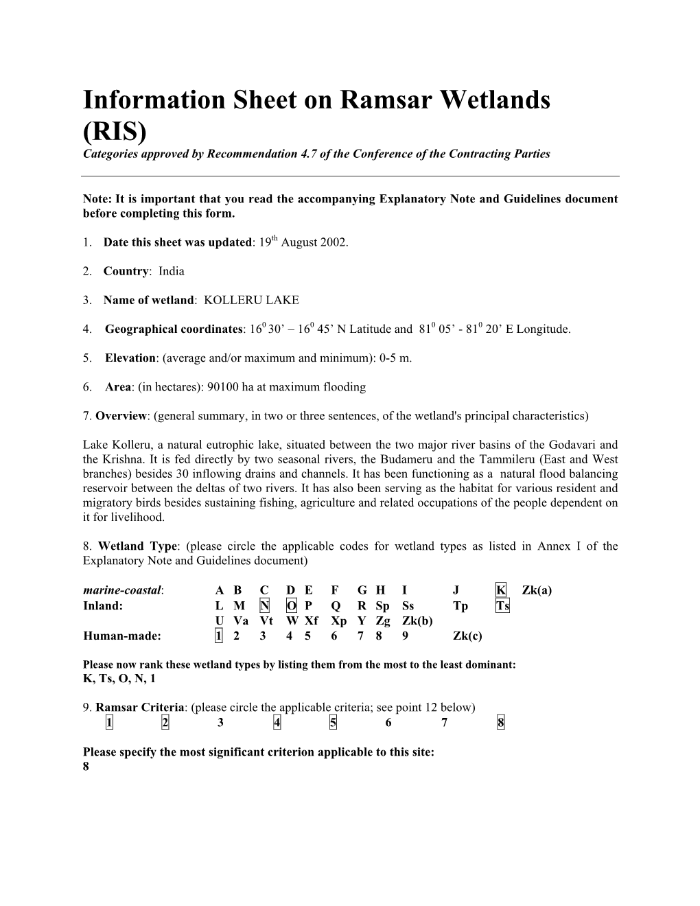 Information Sheet on Ramsar Wetlands (RIS) Categories Approved by Recommendation 4.7 of the Conference of the Contracting Parties