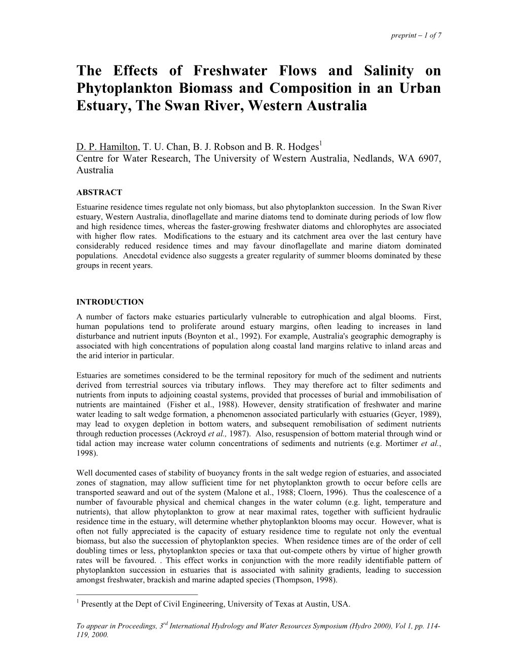 The Effects of Freshwater Flows and Salinity on Phytoplankton Biomass and Composition in an Urban Estuary, the Swan River, Western Australia