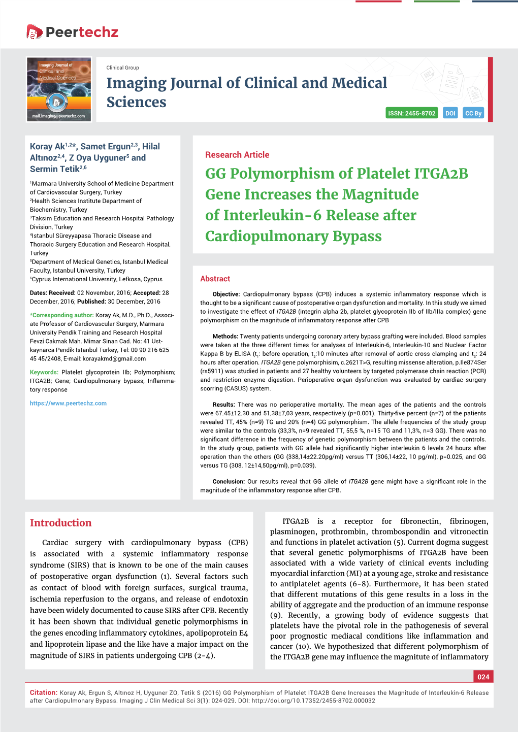 GG Polymorphism of Platelet ITGA2B Gene Increases the Magnitude of Interleukin-6 Release After Cardiopulmonary Bypass