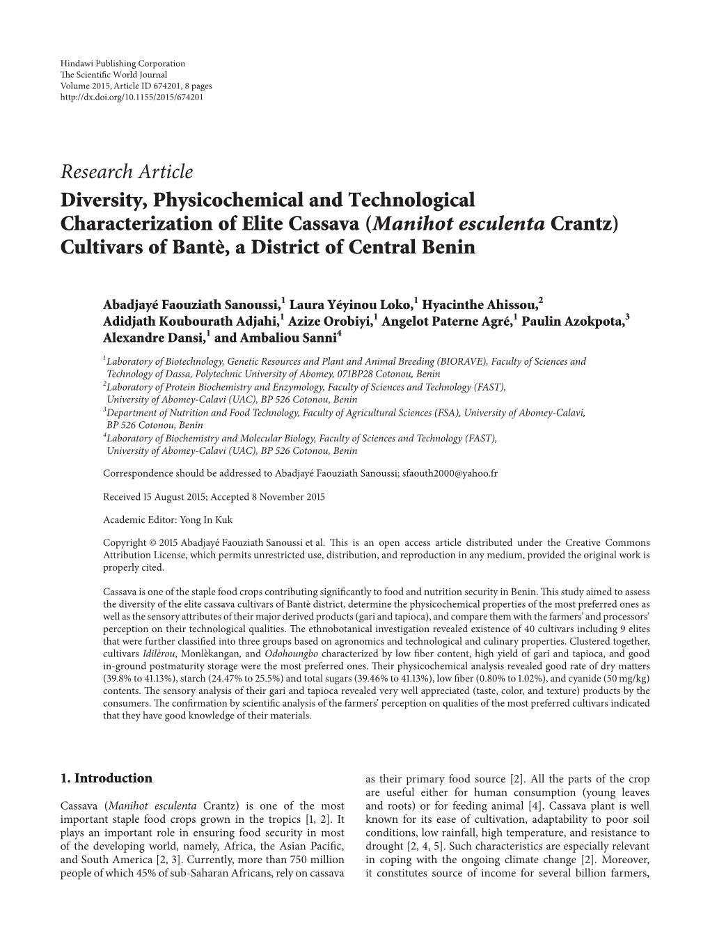 Diversity, Physicochemical and Technological Characterization of Elite Cassava (Manihot Esculenta Crantz) Cultivars of Bantè, a District of Central Benin