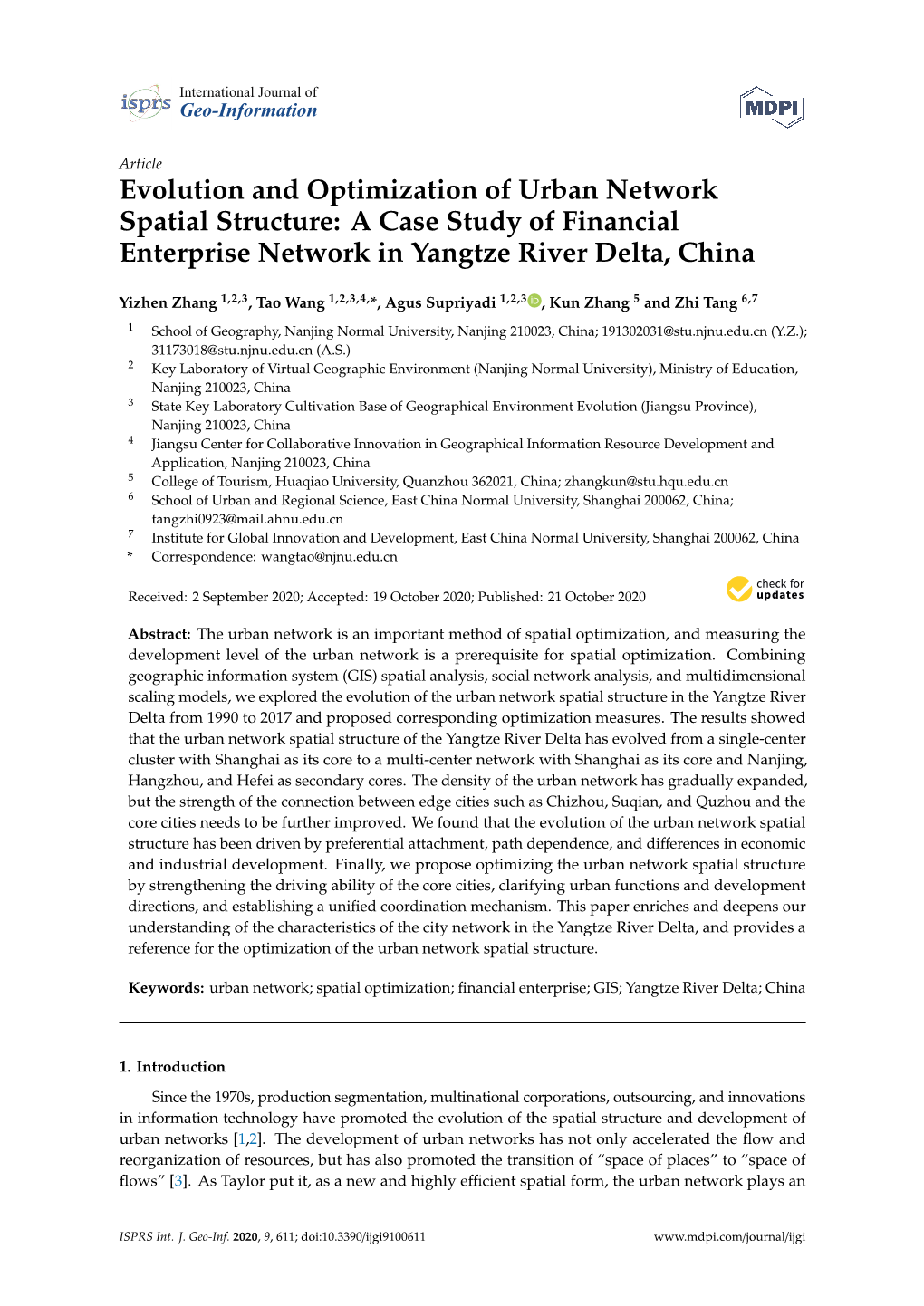 Evolution and Optimization of Urban Network Spatial Structure: a Case Study of Financial Enterprise Network in Yangtze River Delta, China