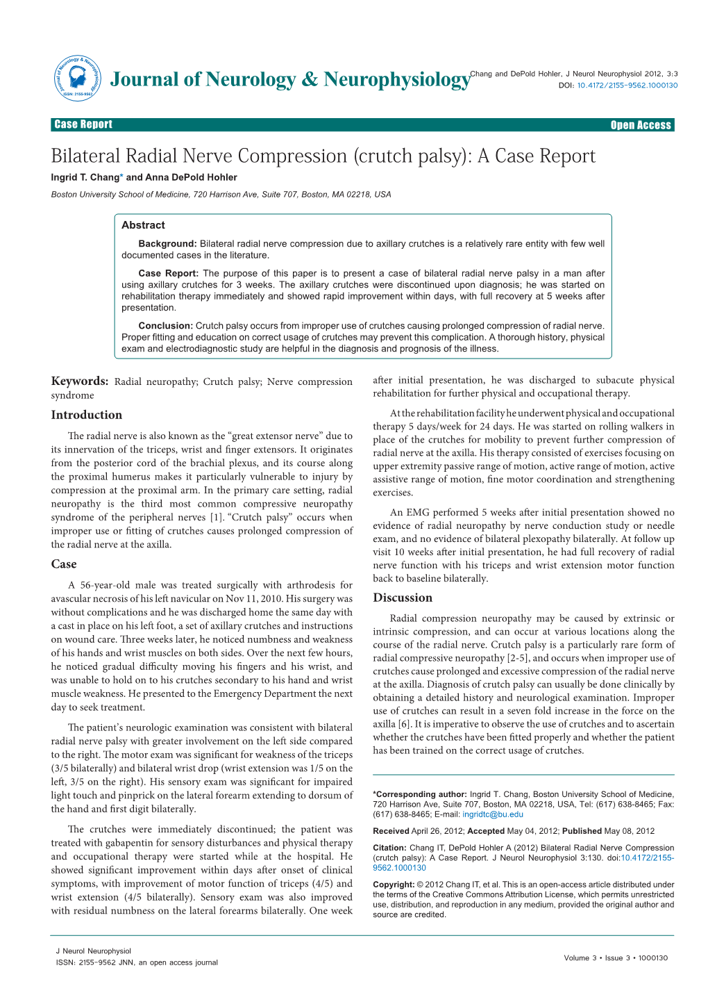 Bilateral Radial Nerve Compression (Crutch Palsy): a Case Report Ingrid T