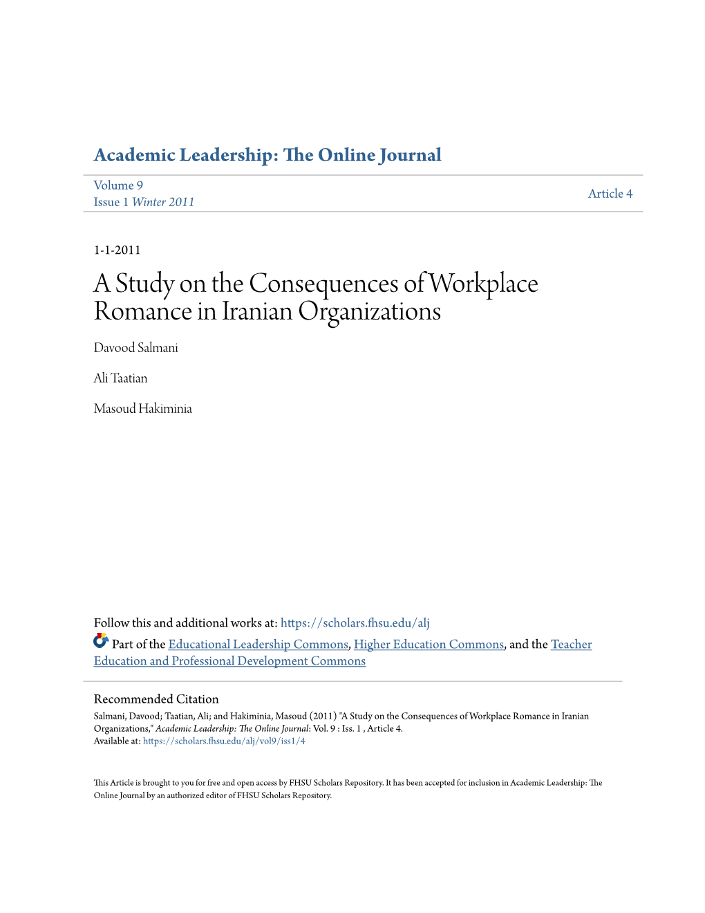 A Study on the Consequences of Workplace Romance in Iranian Organizations Davood Salmani