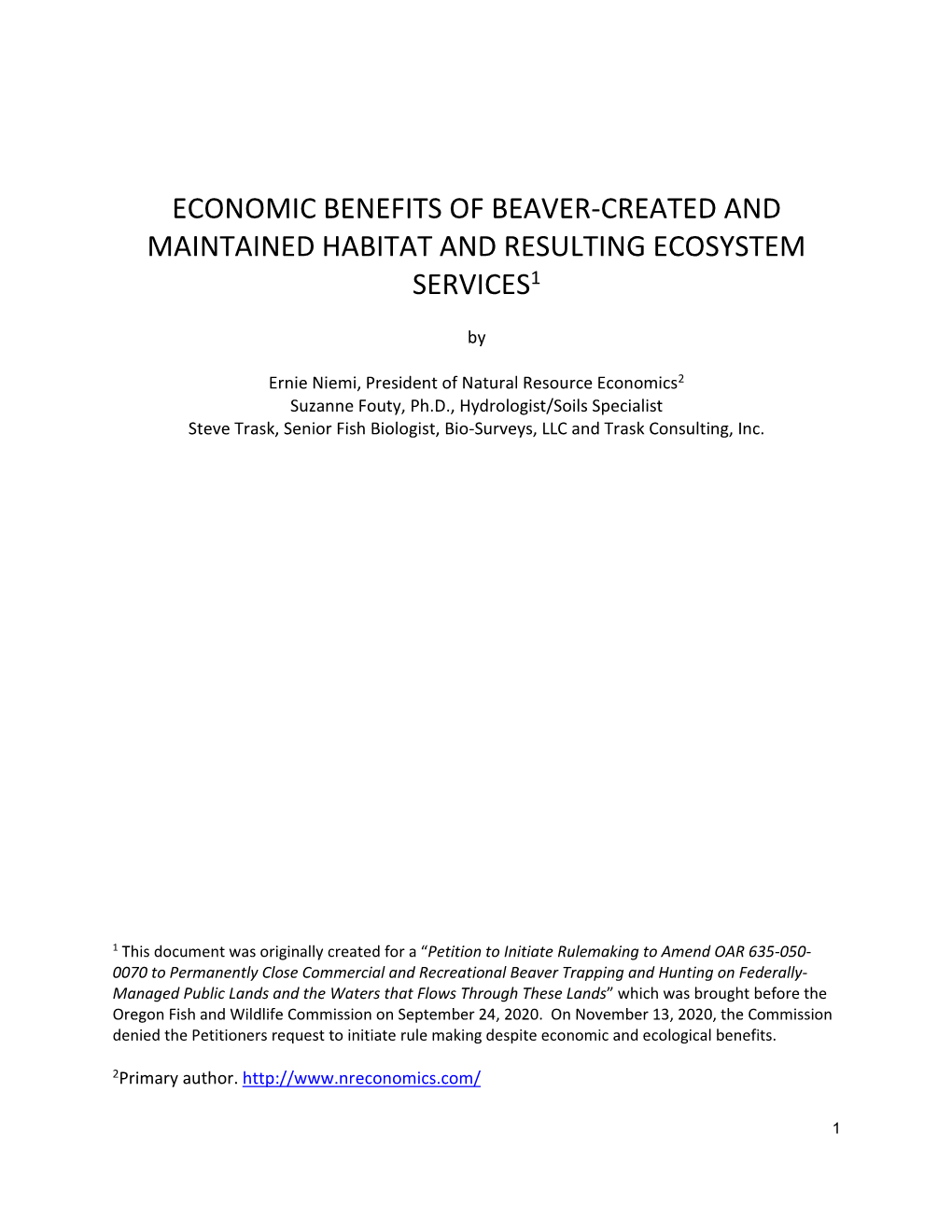 Economic Benefits of Beaver–Created and Maintained Habitat And