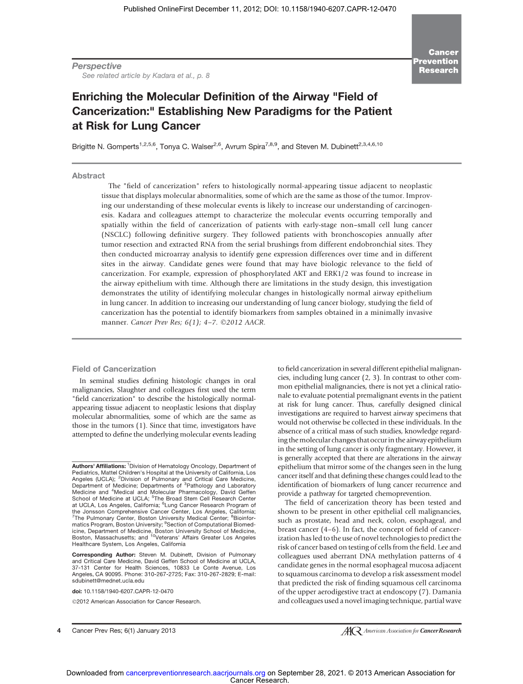 Field of Cancerization:" Establishing New Paradigms for the Patient at Risk for Lung Cancer