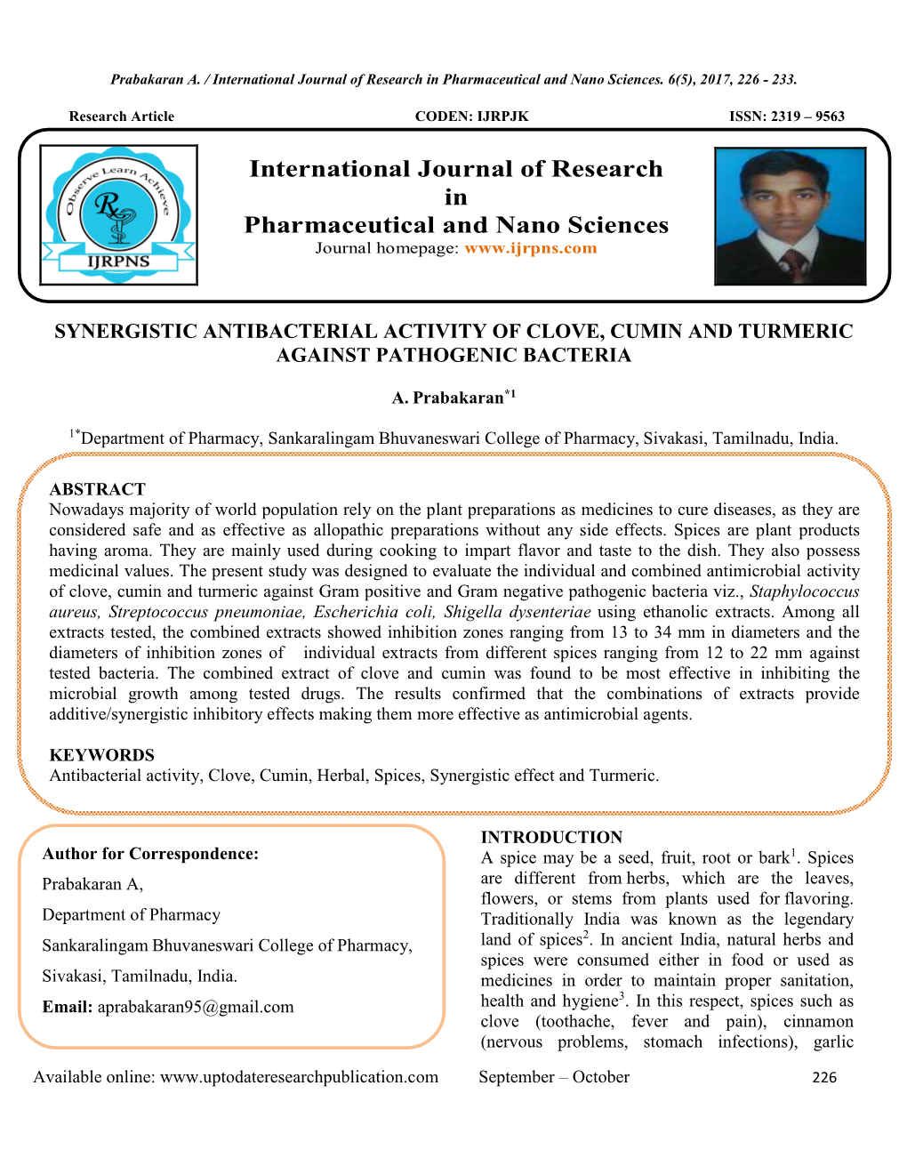 Synergistic Antibacterial Activity of Clove, Cumin and Turmeric Against Pathogenic Bacteria