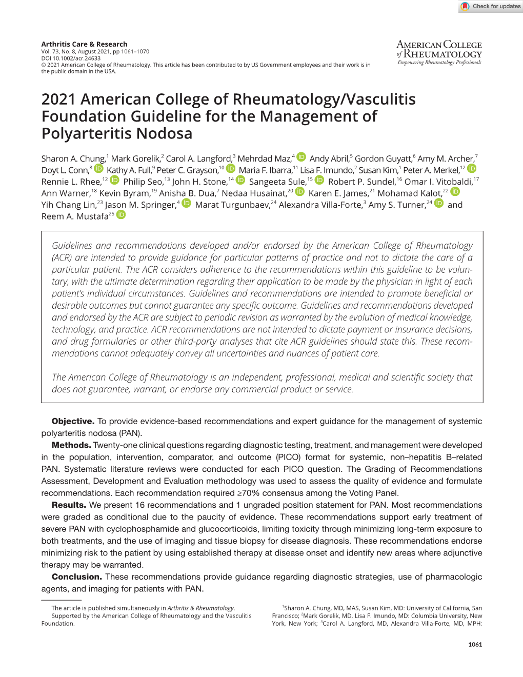 2021 American College of Rheumatology/Vasculitis Foundation Guideline for the Management of Polyarteritis Nodosa