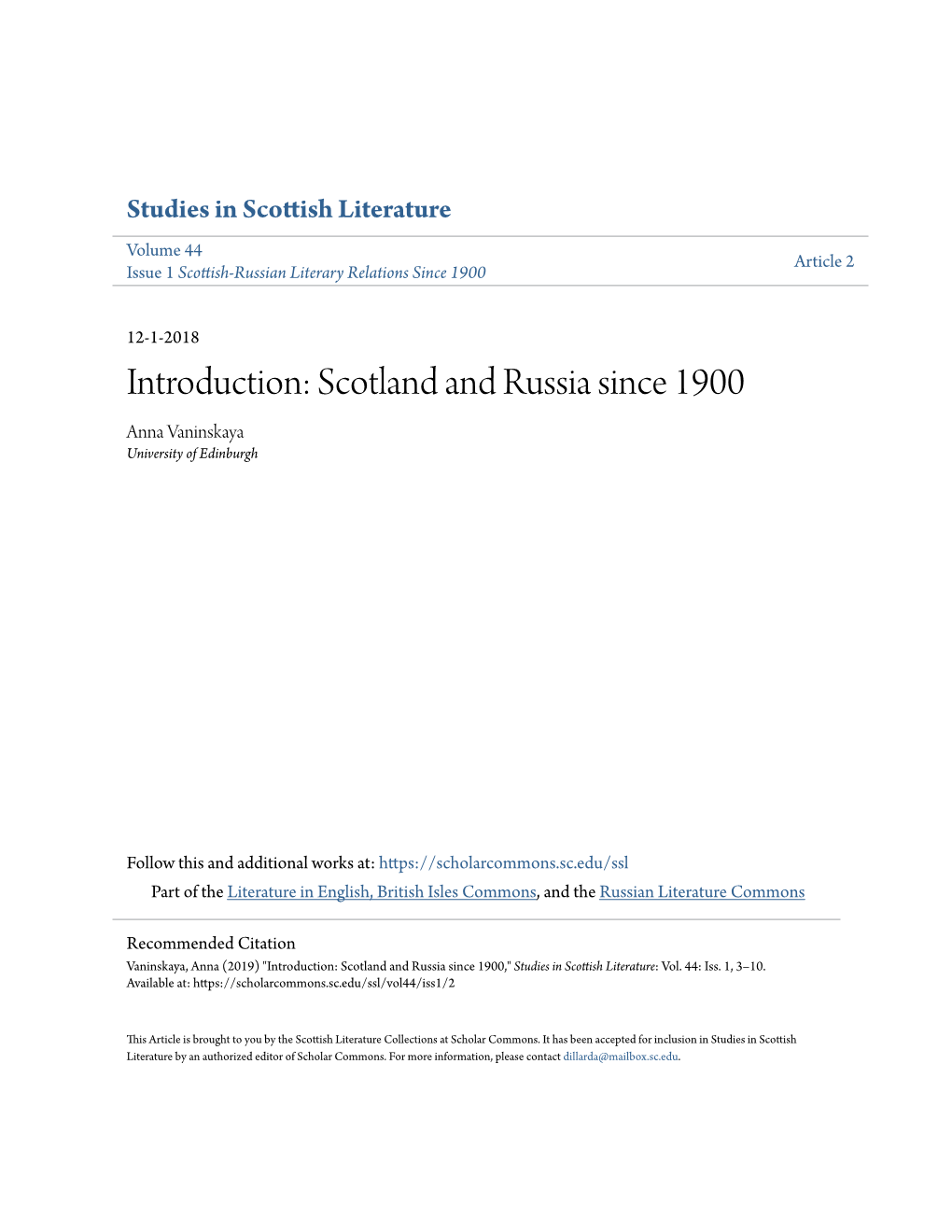 Introduction: Scotland and Russia Since 1900 Anna Vaninskaya University of Edinburgh
