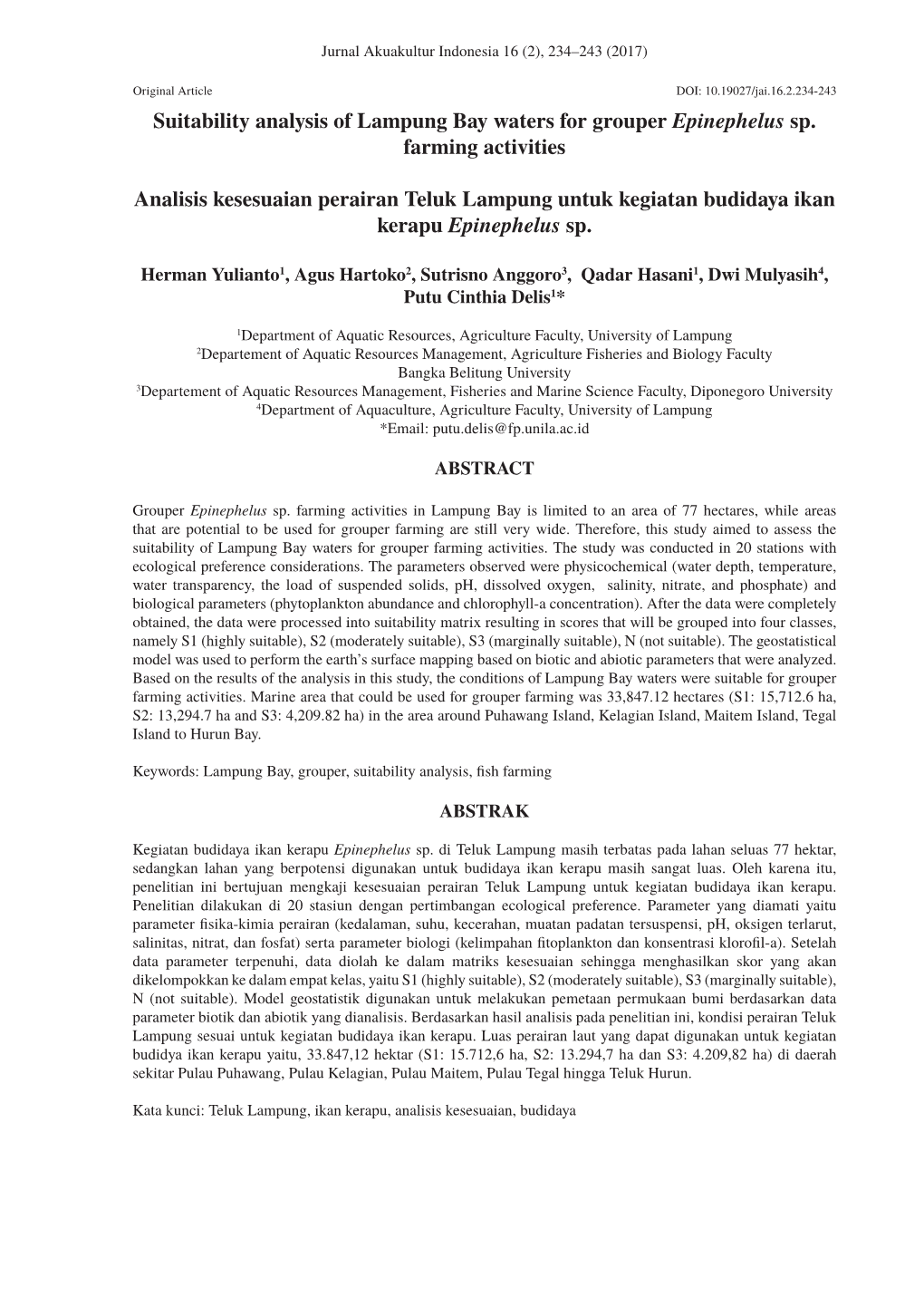 Suitability Analysis of Lampung Bay Waters for Grouper Epinephelus Sp