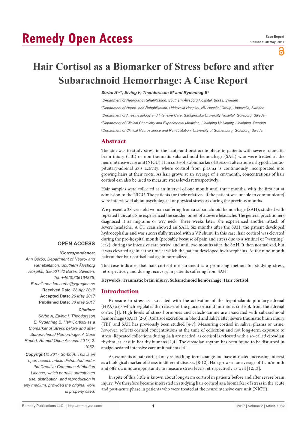 Hair Cortisol As a Biomarker of Stress Before and After Subarachnoid Hemorrhage: a Case Report