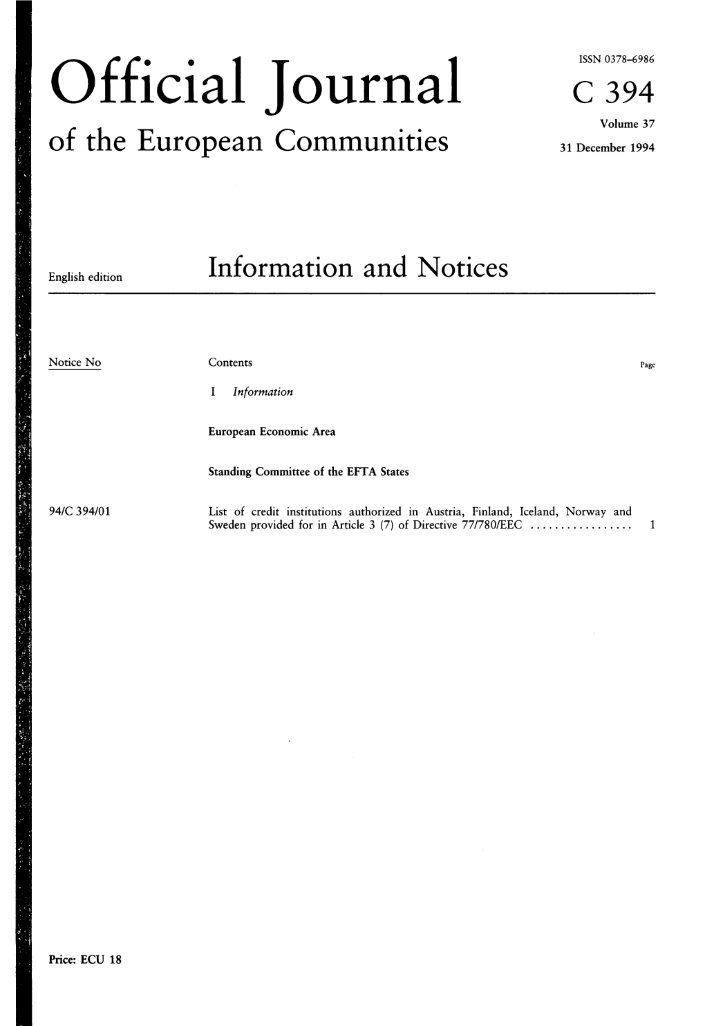 Official Journal C 394 Volume 37 of the European Communities 31 December 1994