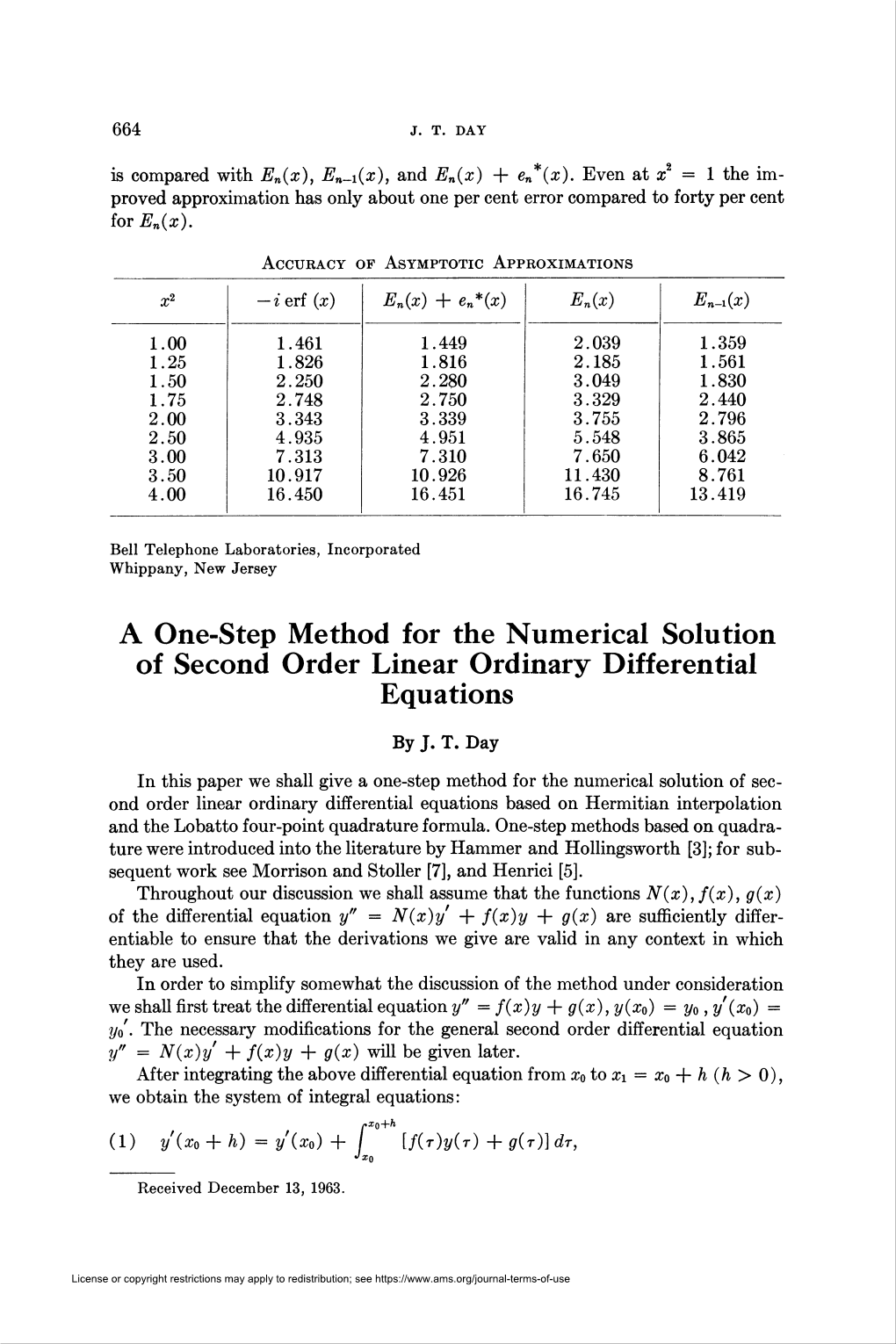 A One-Step Method for the Numerical Solution of Second Order Linear Ordinary Differential Equations