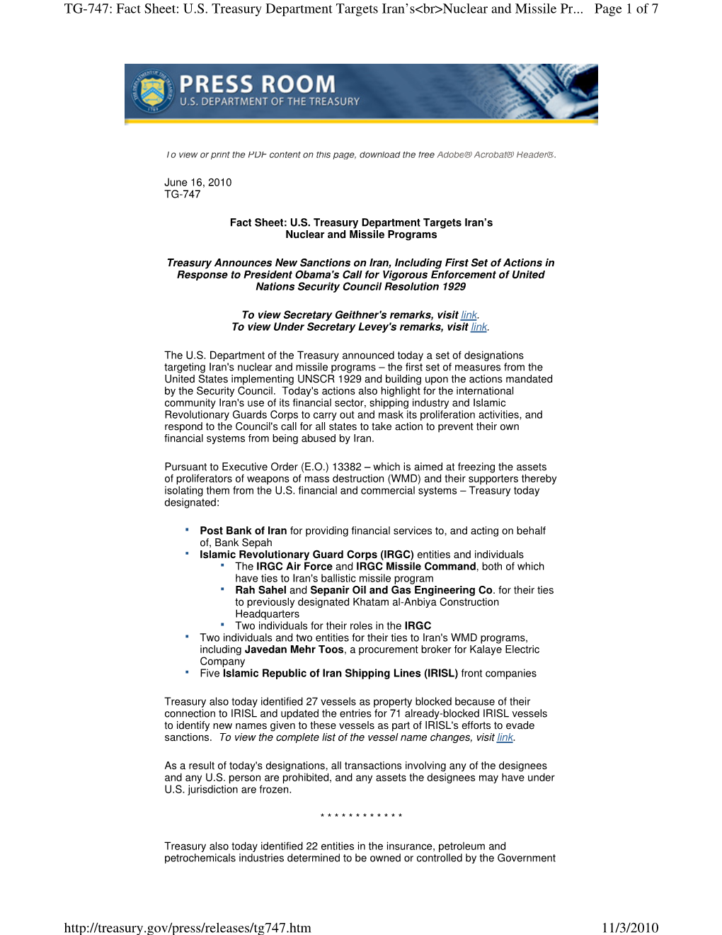 Page 1 of 7 TG-747: Fact Sheet: U.S. Treasury Department Targets
