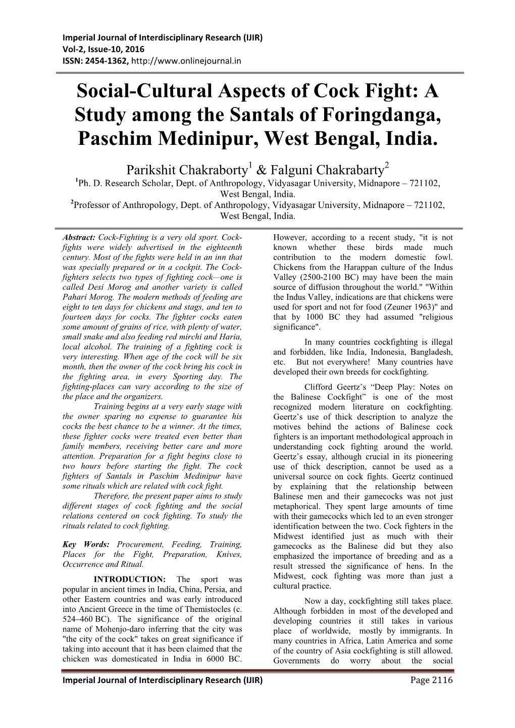 Social-Cultural Aspects of Cock Fight: a Study Among the Santals of Foringdanga, Paschim Medinipur, West Bengal, India