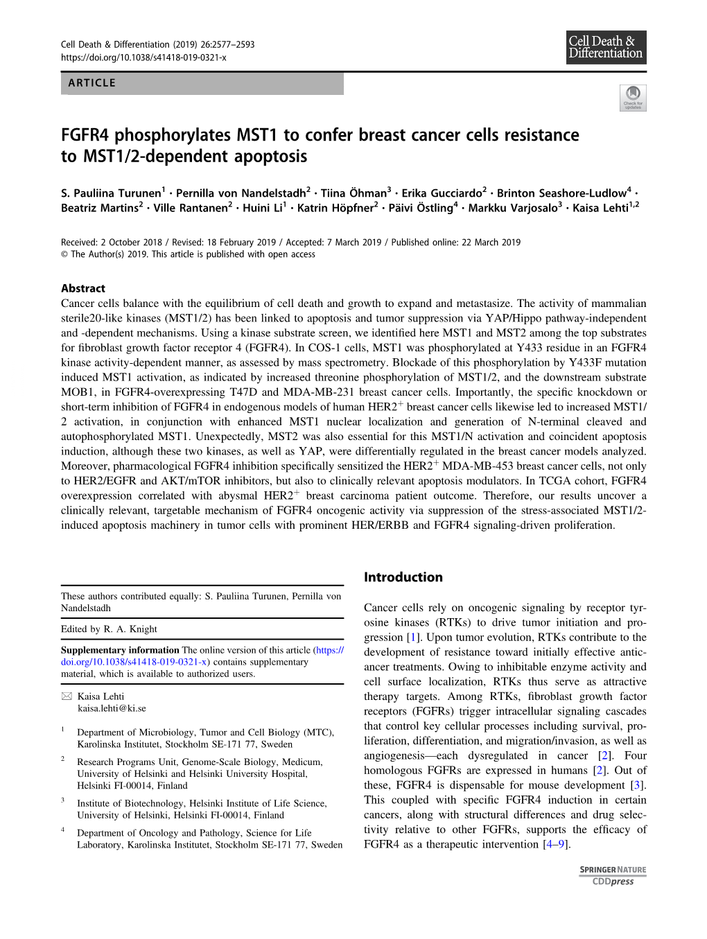 FGFR4 Phosphorylates MST1 to Confer Breast Cancer Cells Resistance to MST1/2-Dependent Apoptosis