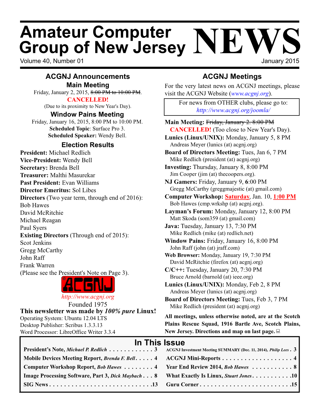 Amateur Computer Group of New Jersey NEWS Volume 40, Number 01 January 2015