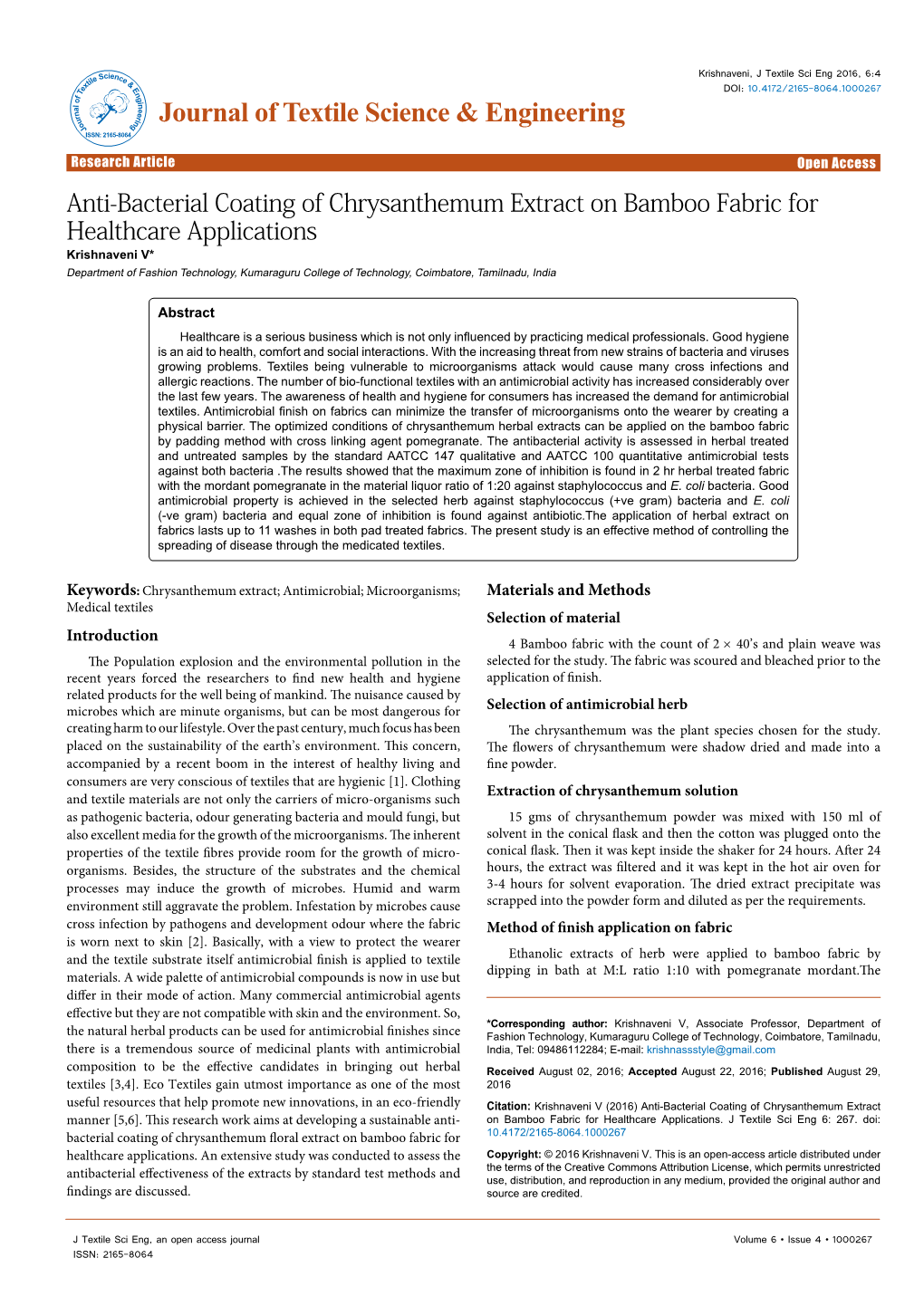 Anti-Bacterial Coating of Chrysanthemum Extract on Bamboo Fabric for Healthcare Applications