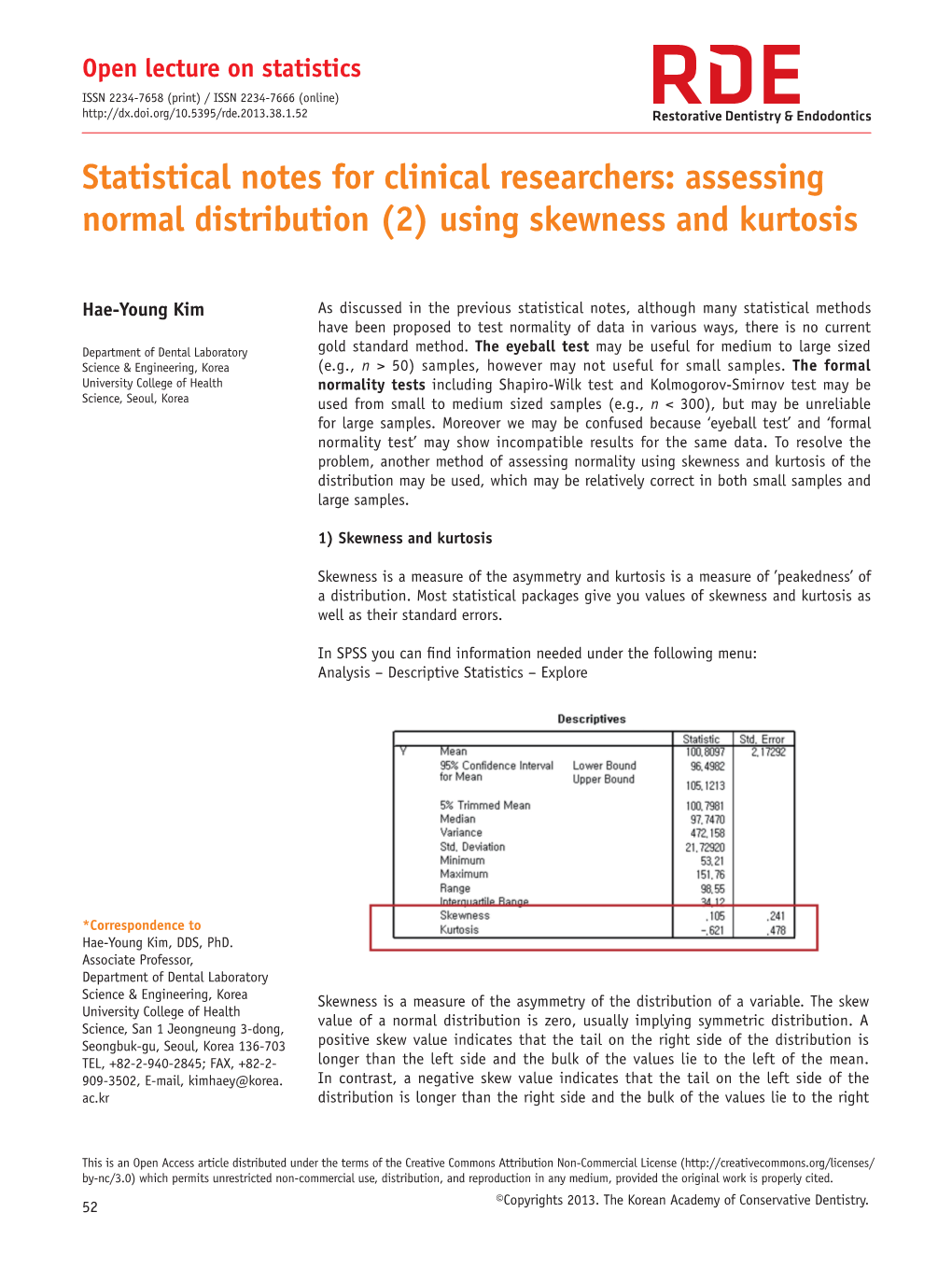 Statistical Notes for Clinical Researchers: Assessing Normal Distribution (2) Using Skewness and Kurtosis