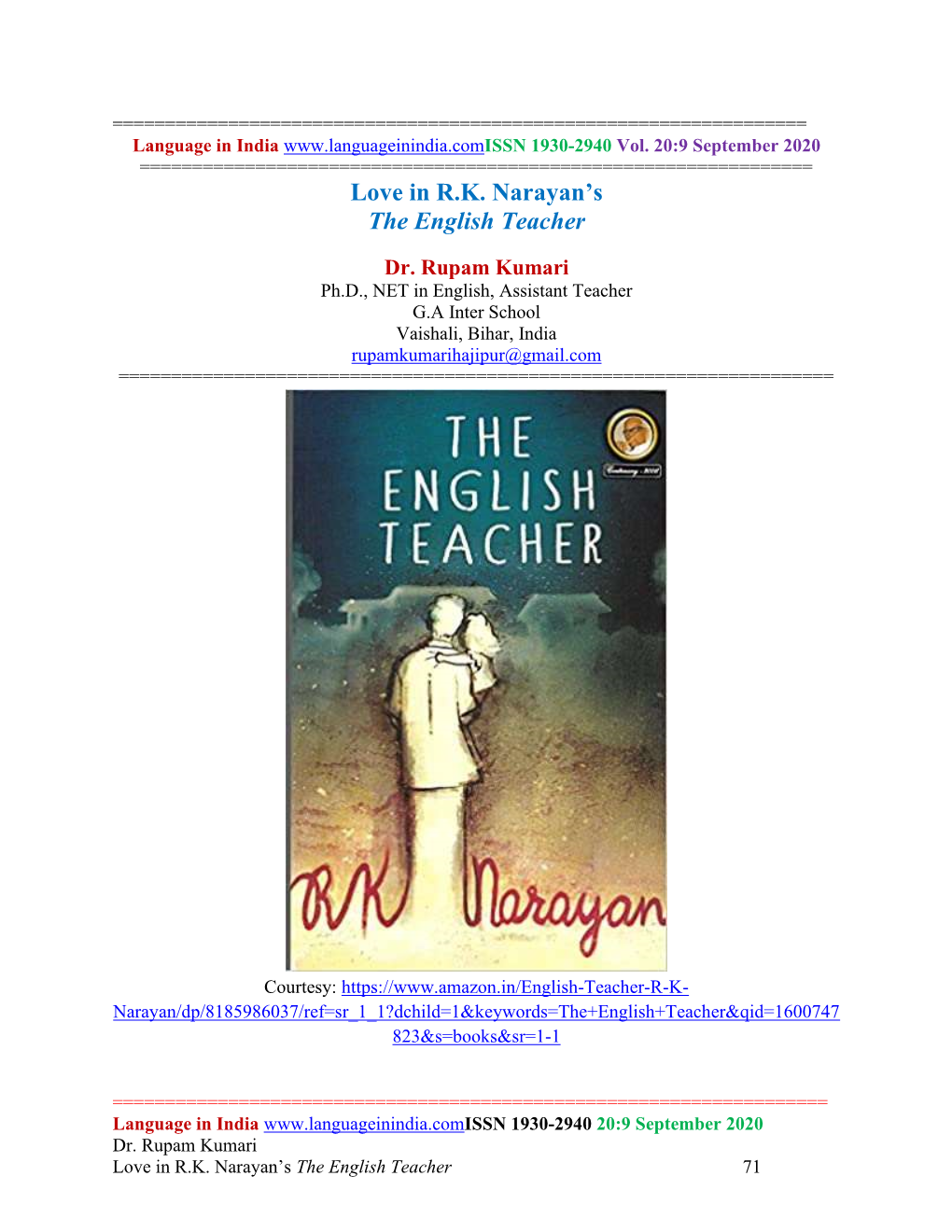 Love in R.K. Narayan's the English Teacher