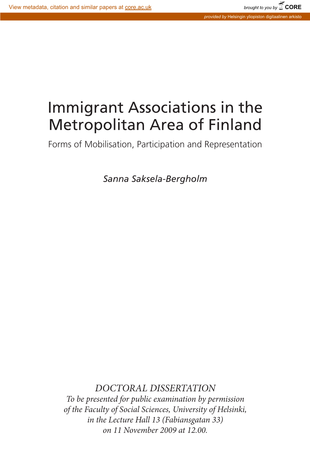 Immigrant Associations in the Metropolitan Area of Finland Forms of Mobilisation, Participation and Representation