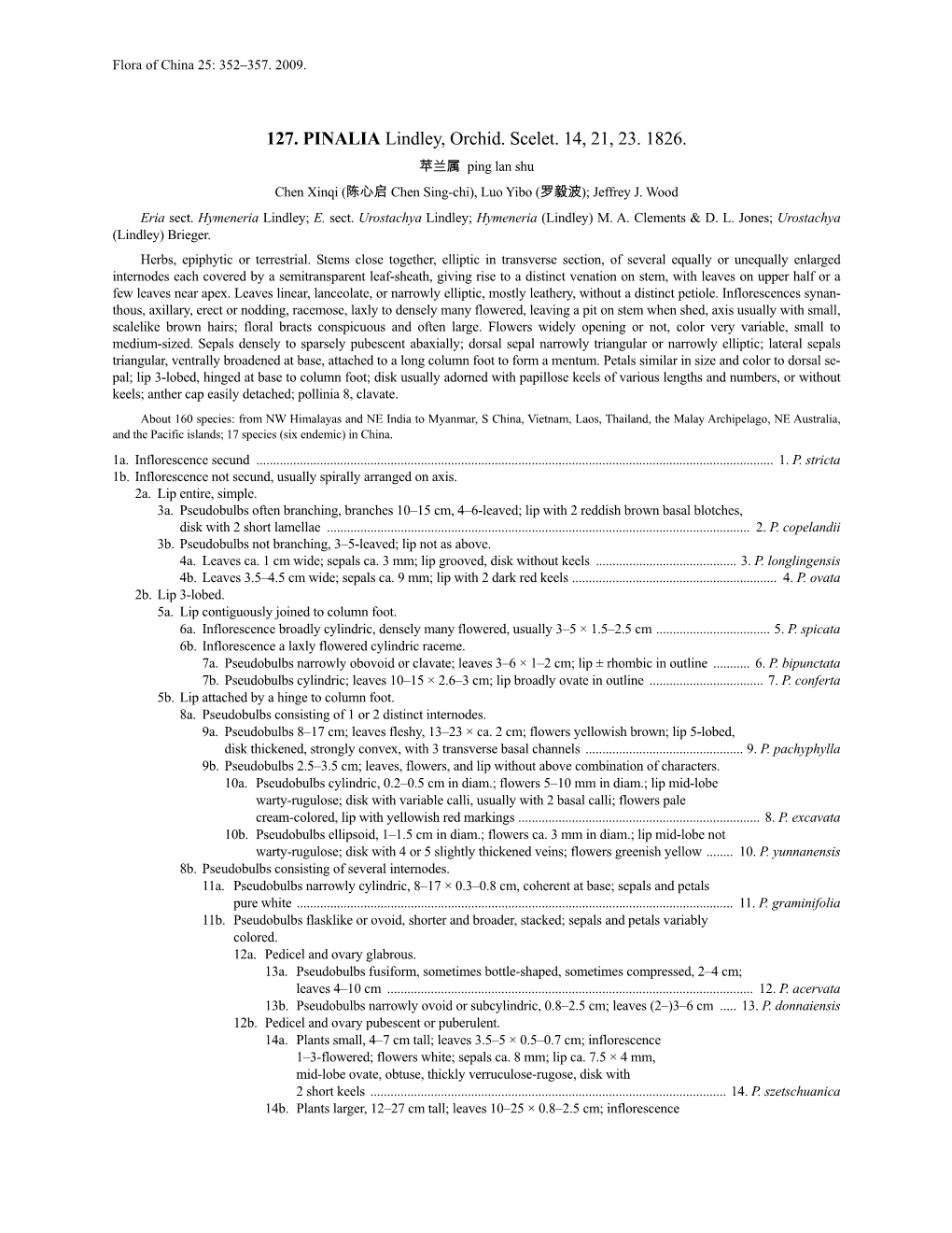 127. PINALIA Lindley, Orchid. Scelet. 14, 21, 23. 1826. 苹兰属 Ping Lan Shu Chen Xinqi (陈心启 Chen Sing-Chi), Luo Yibo (罗毅波); Jeffrey J