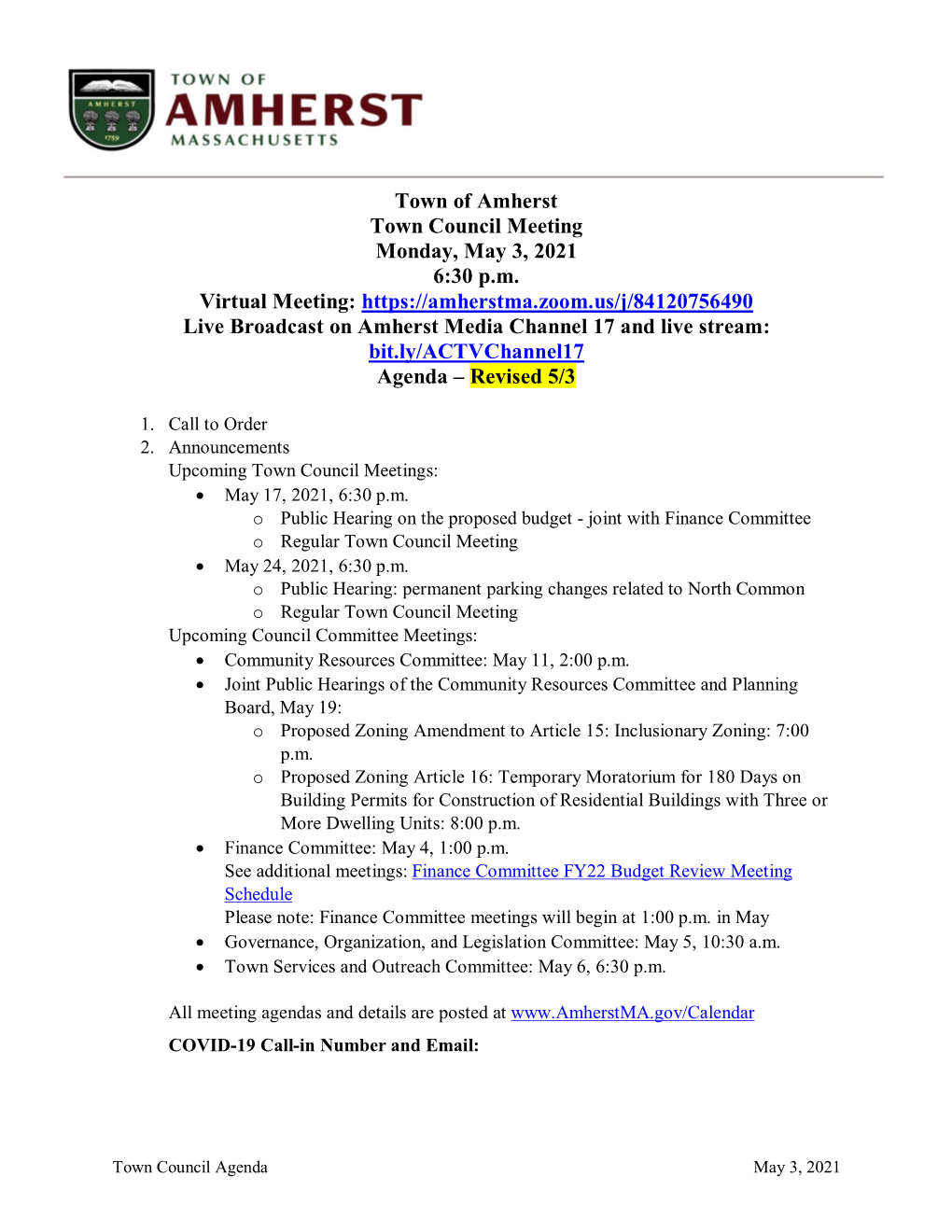 Town of Amherst Town Council Meeting Monday, May 3, 2021 6:30 P.M