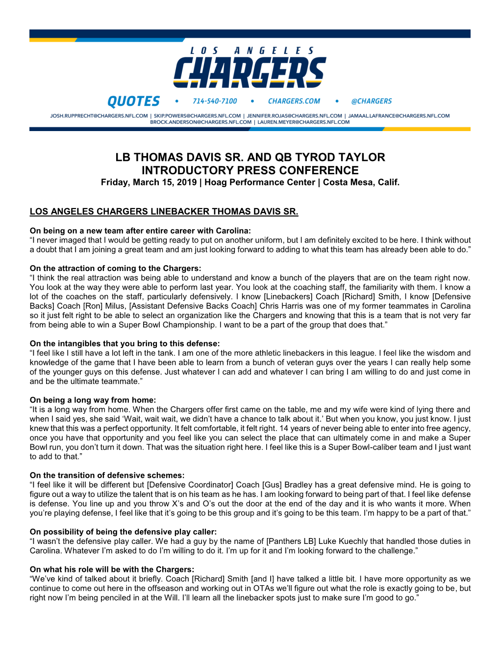 LB THOMAS DAVIS SR. and QB TYROD TAYLOR INTRODUCTORY PRESS CONFERENCE Friday, March 15, 2019 | Hoag Performance Center | Costa Mesa, Calif