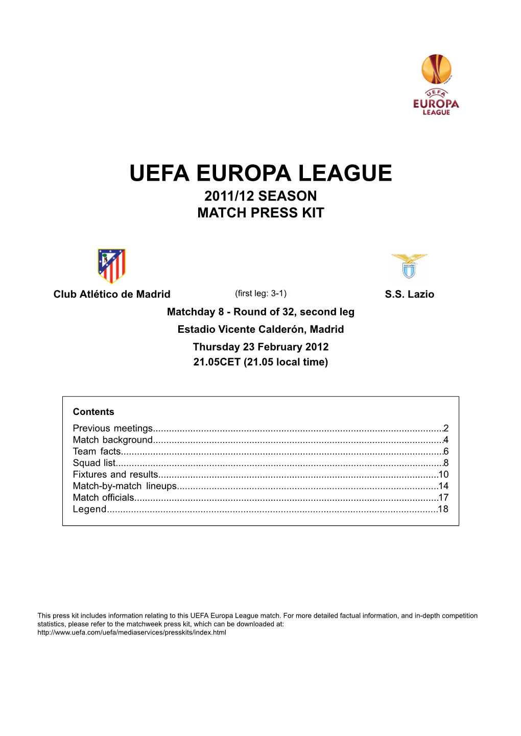 Uefa Europa League 2011/12 Season Match Press Kit