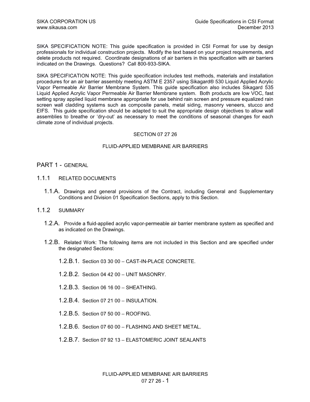 SIKA CORPORATION US Guide Specifications in CSI Format