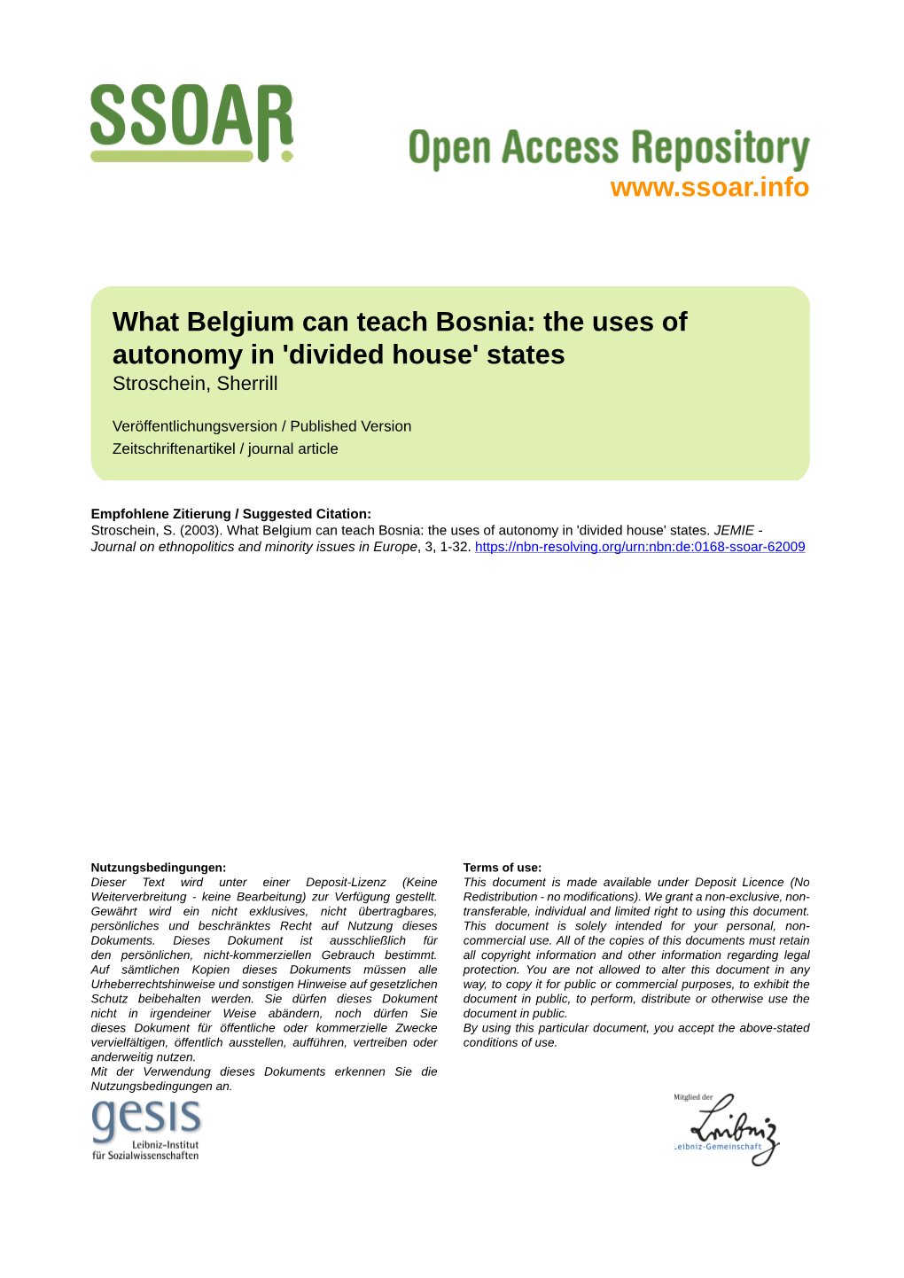 What Belgium Can Teach Bosnia: the Uses of Autonomy in 'Divided House' States Stroschein, Sherrill