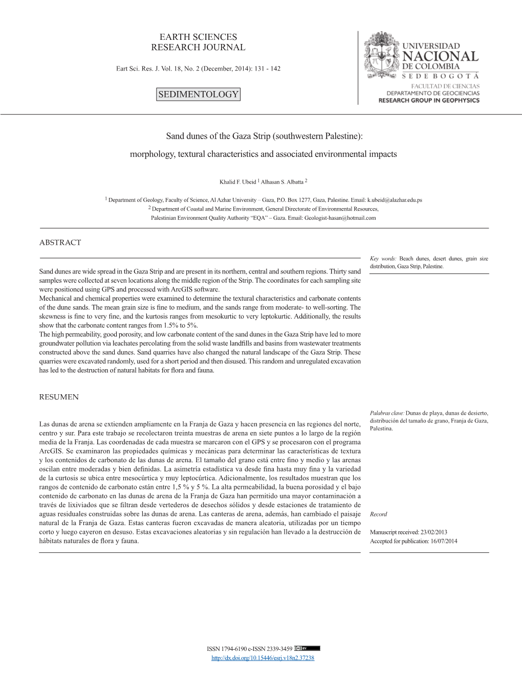 EARTH SCIENCES RESEARCH JOURNAL Sand Dunes of the Gaza Strip (Southwestern Palestine): Morphology, Textural Characteristics