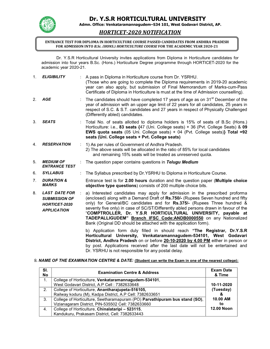 Notification and Application Format for HORTICET- 2020