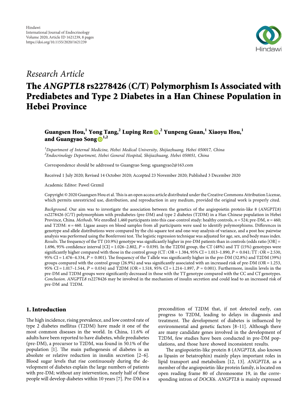 The ANGPTL8 Rs2278426 (C/T) Polymorphism Is Associated with Prediabetes and Type 2 Diabetes in a Han Chinese Population in Hebei Province
