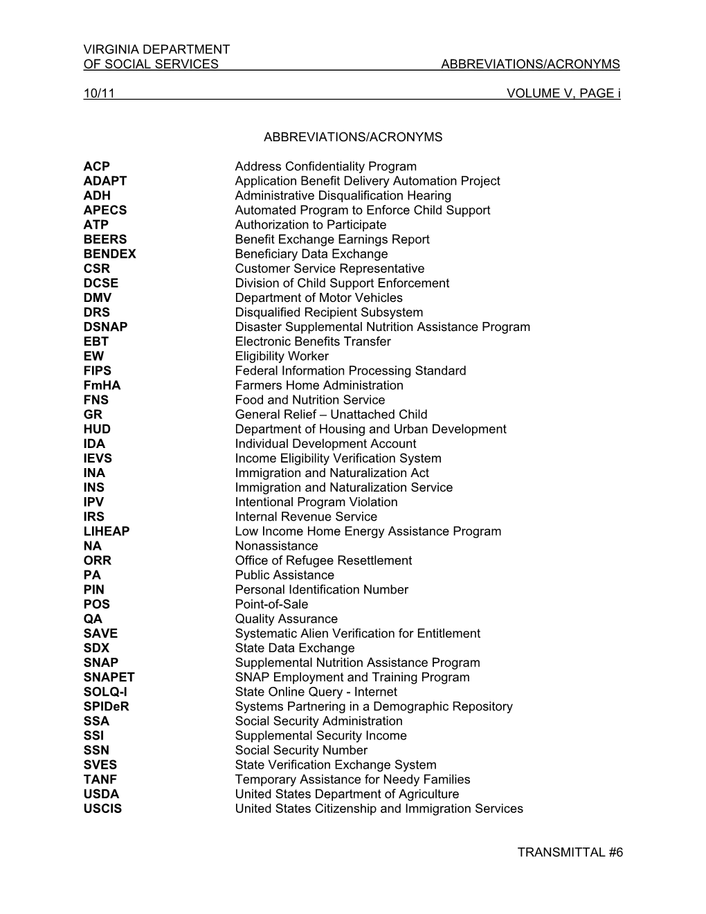 Virginia Department of Social Services Abbreviations/Acronyms