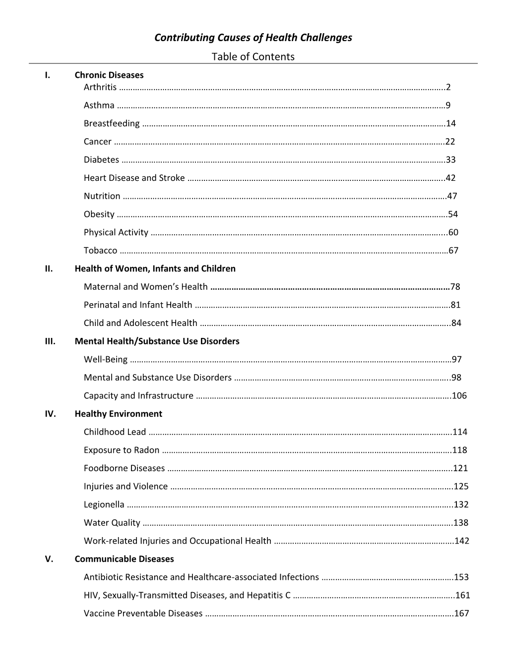 Contributing Causes of Health Challenges Table of Contents I