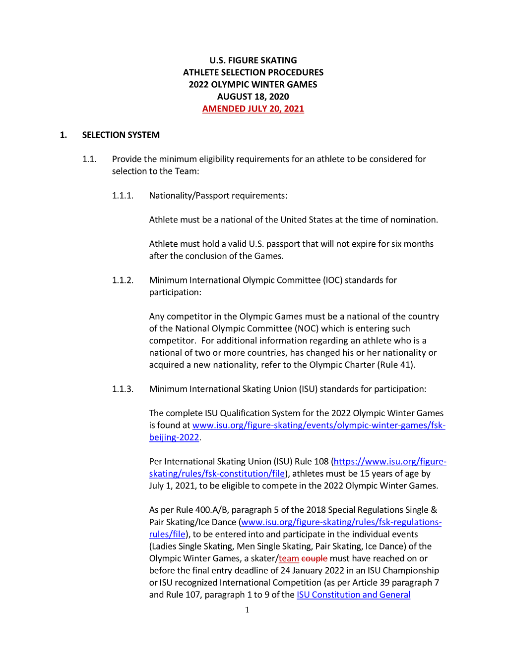 Athlete Selection Procedures 2022 Olympic Winter Games August 18, 2020 Amended July 20, 2021