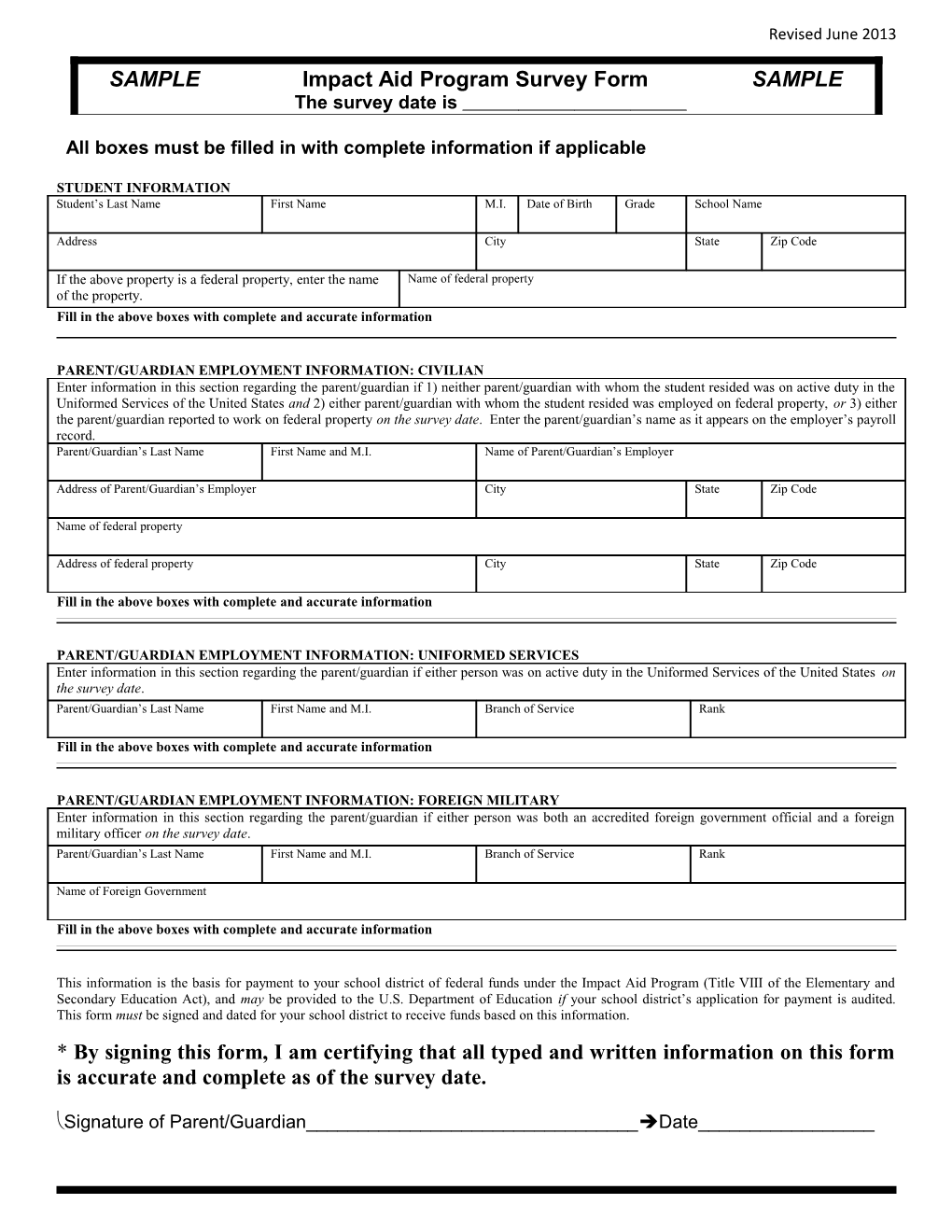 Impact Aid Program Section 8003 Sample Survey Form (MS Word)