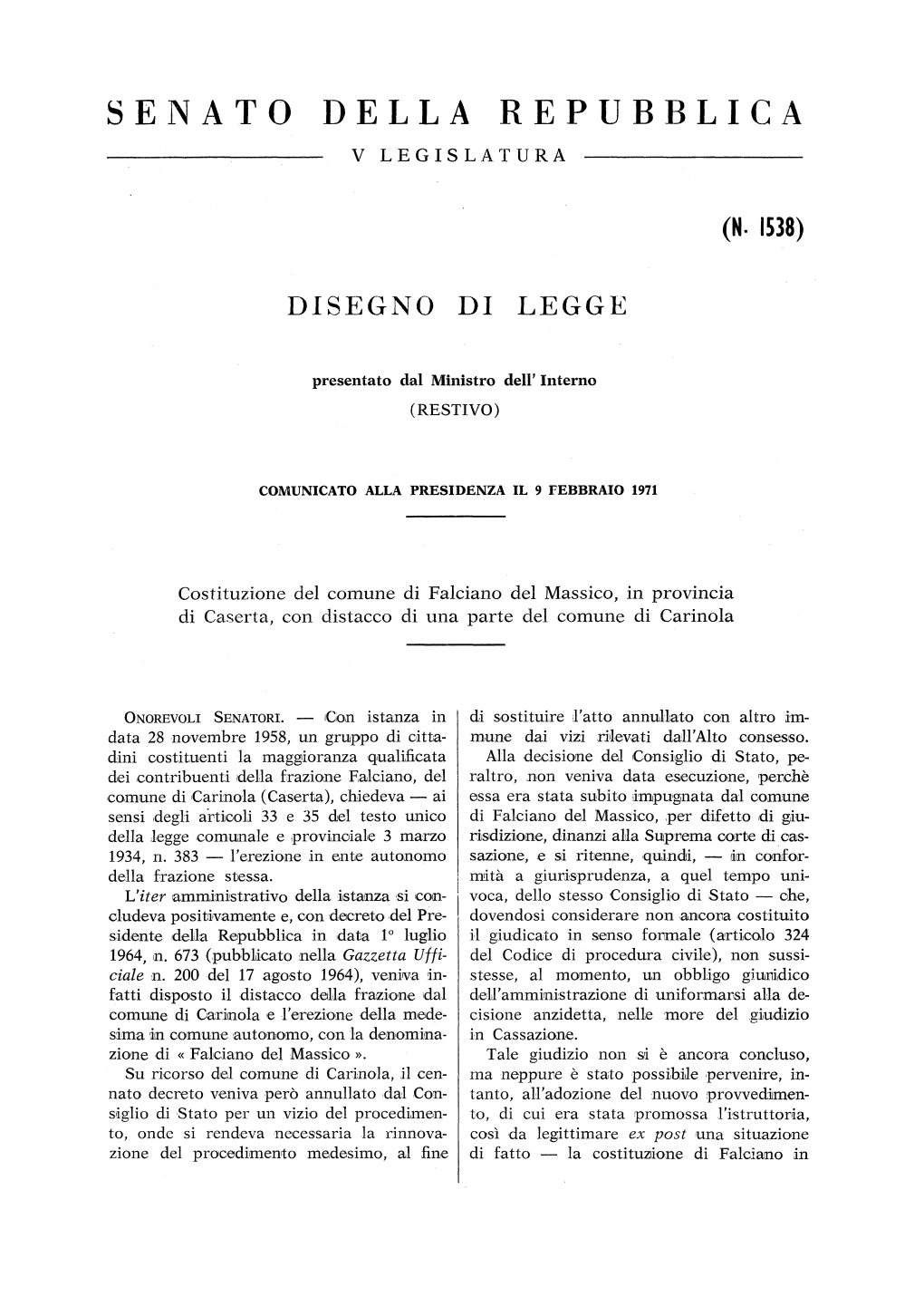 (N- 1538) Disegno Di Legge