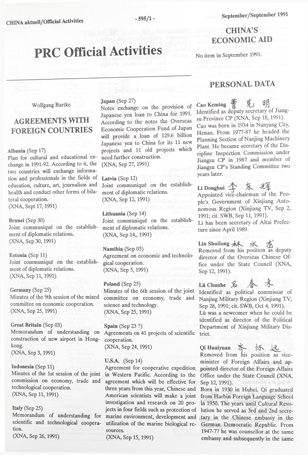 PRC Official Activities No Item in September 1991