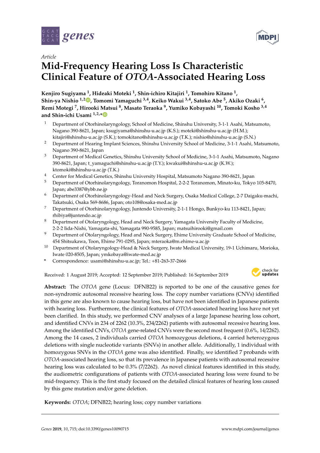 Mid-Frequency Hearing Loss Is Characteristic Clinical Feature of OTOA-Associated Hearing Loss