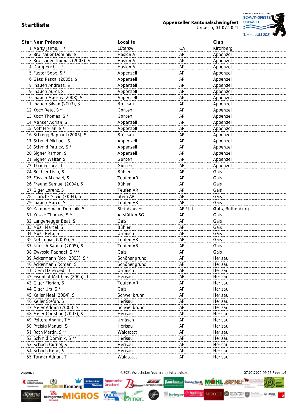 Appenzeller Kantonalschwingfest Startliste Urnäsch, 04.07.2021