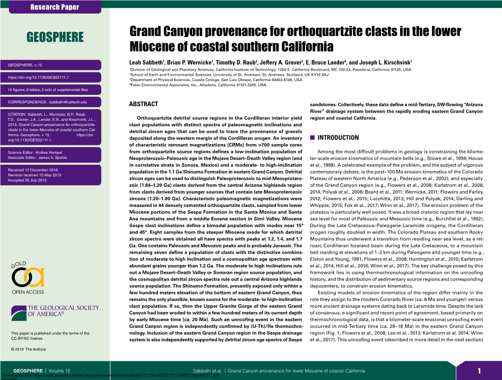 Grand Canyon Provenance for Orthoquartzite Clasts in the Lower Miocene of Coastal Southern California GEOSPHERE