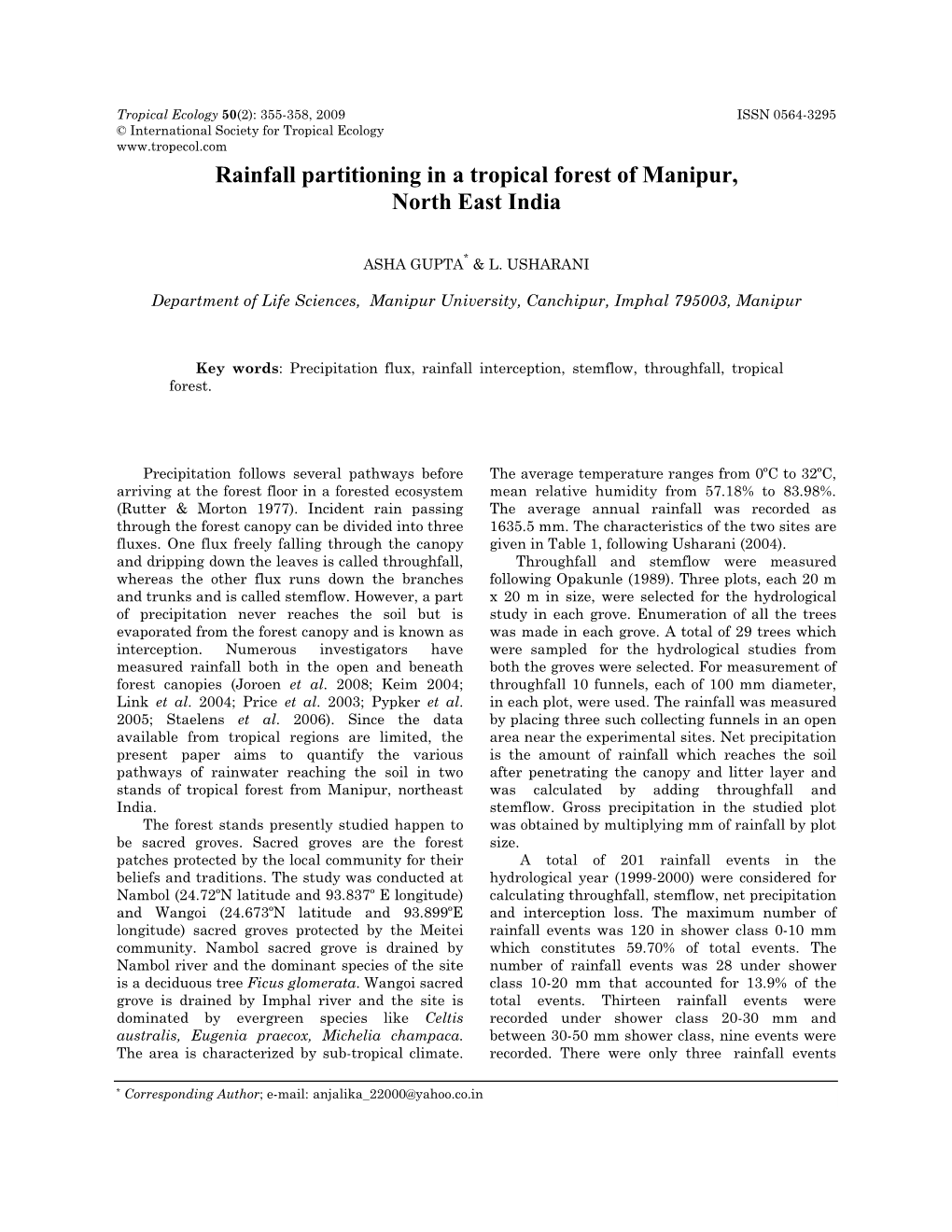 Rainfall Partitioning in a Tropical Forest of Manipur, North East India