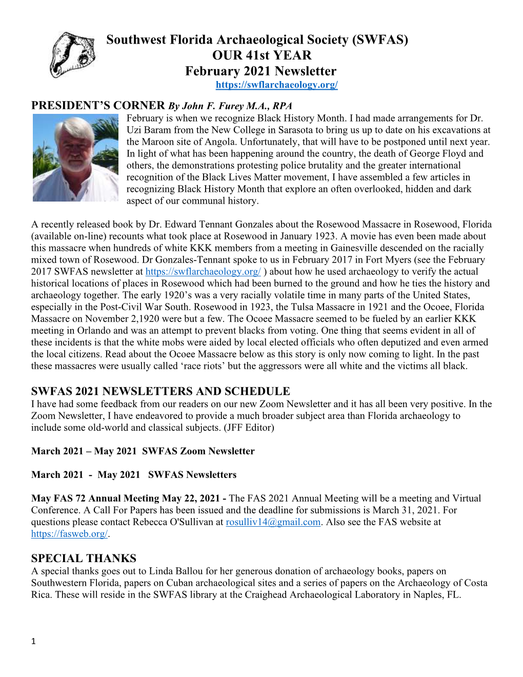 Southwest Florida Archaeological Society (SWFAS) OUR 41St YEAR February 2021 Newsletter