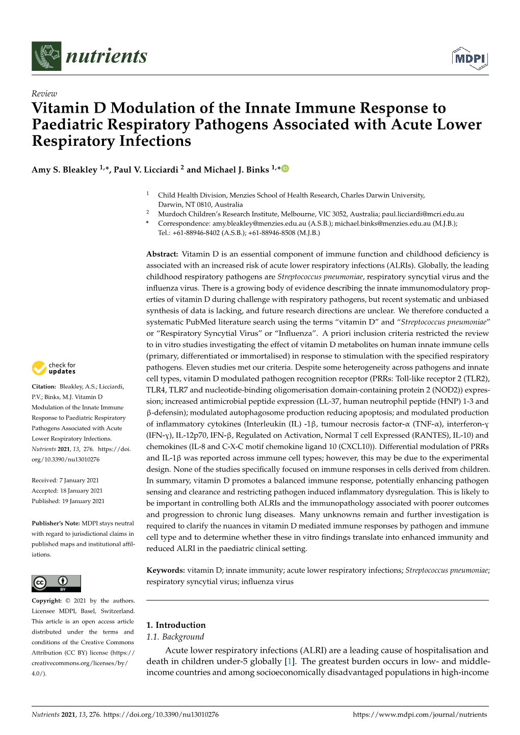 Vitamin D Modulation of the Innate Immune Response to Paediatric Respiratory Pathogens Associated with Acute Lower Respiratory Infections