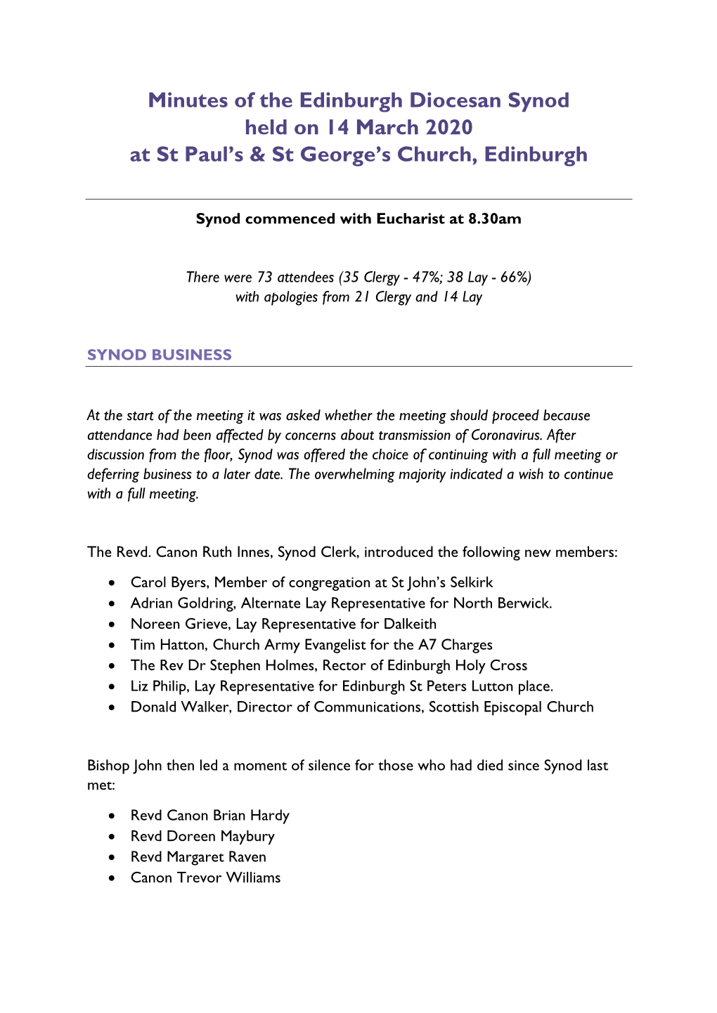 Minutes of Diocesan Synod 14 March 2020