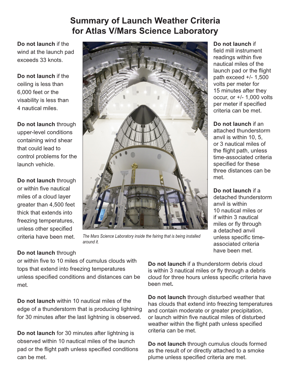 Summary of Launch Weather Criteria for Atlas V/Mars Science Laboratory