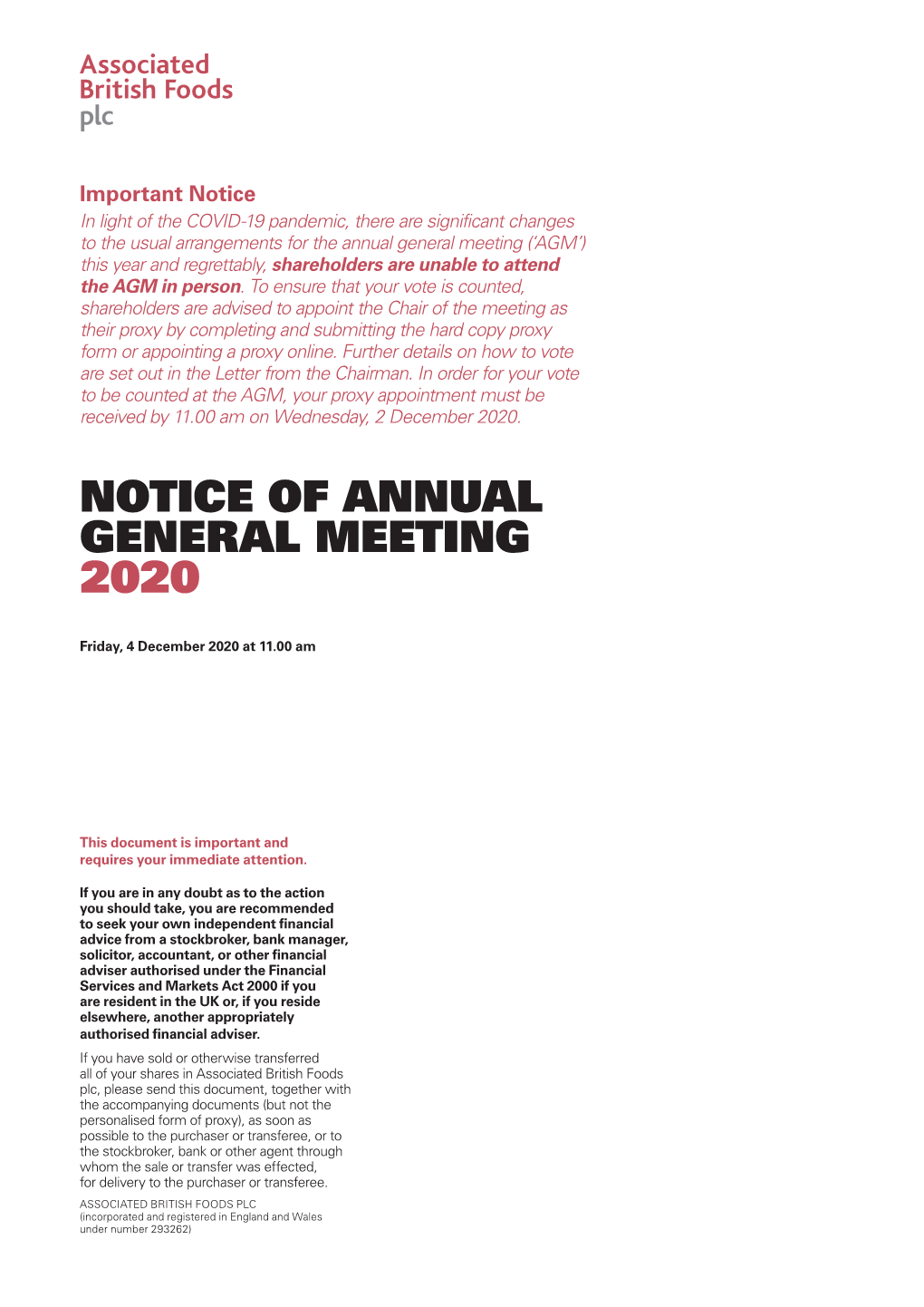 Notice of Annual General Meeting 2020 (PDF)