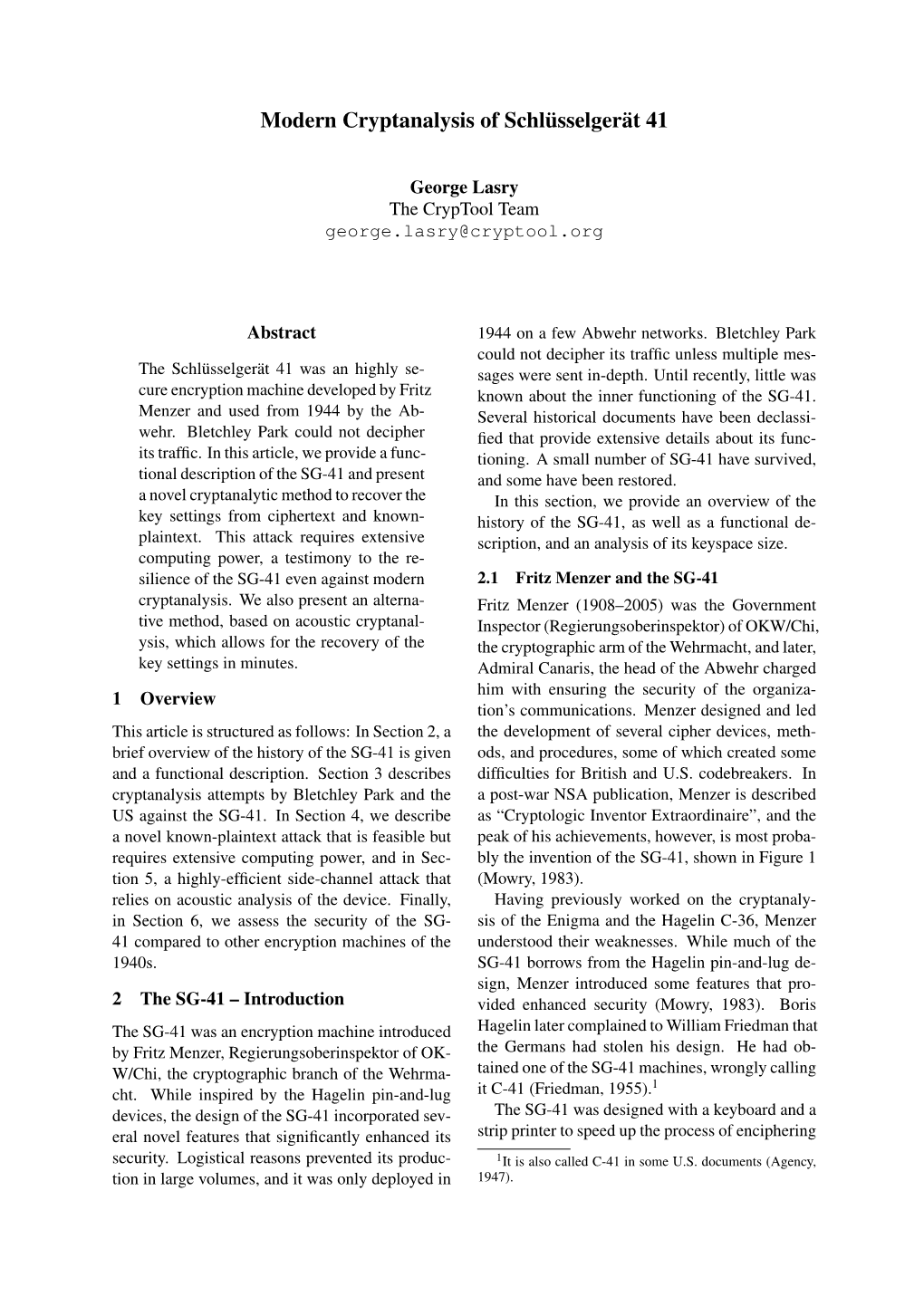 Modern Cryptanalysis of Schl¨Usselgerät 41